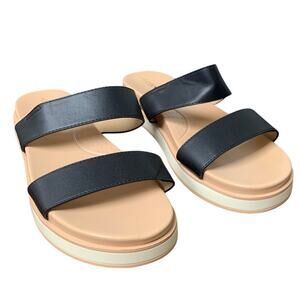 New Coutgo Womens Size 9 Black Faux Leather Slide On Flat Comfort Sandal Shoes